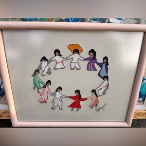 Vintage CrossStitch Colorful Circle of Friends Embroidery Framed Art